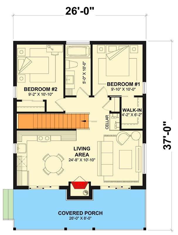 Plan 22700DR: 3-Bed Modern Mountain House Plan with Stacked Porches - 1528 Sq Ft - Floor Plan - Main Level - Contemporary, Mid Century Modern, Modern, Mountain, Vacation