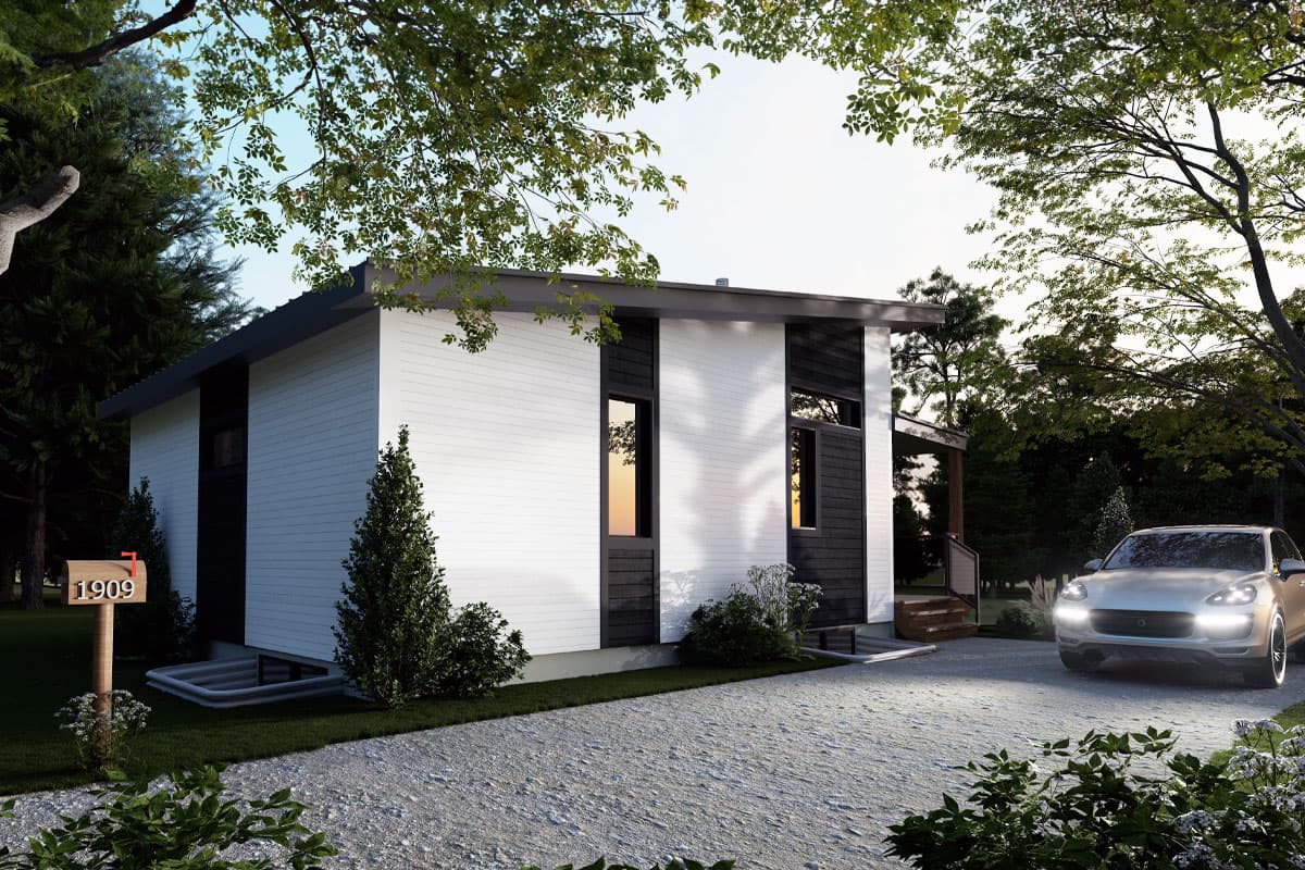 Modern house plan exterior with white horizontal siding, dark wood accents, large windows, and a flat roof.