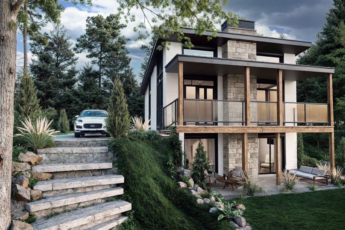 Modern house plan exterior with two stories, stone accents, a covered balcony, and a flat roofline. Features a porch and a car in the driveway.