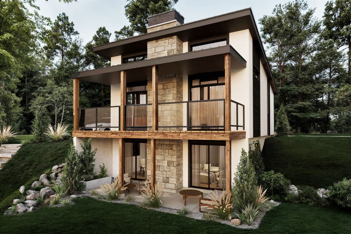 House plan exterior: Modern two-story home with stone accents, upper deck, and ground-level patio.