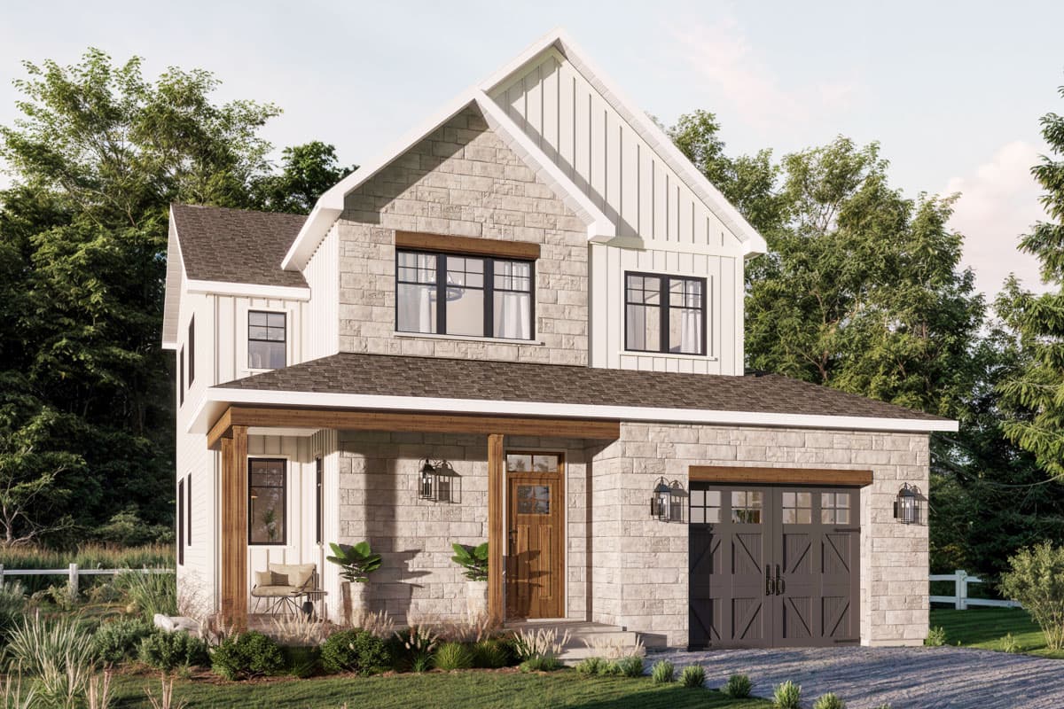 Two-story house plan exterior with stone and board-and-batten siding, gables, covered porch, and attached two-car garage.