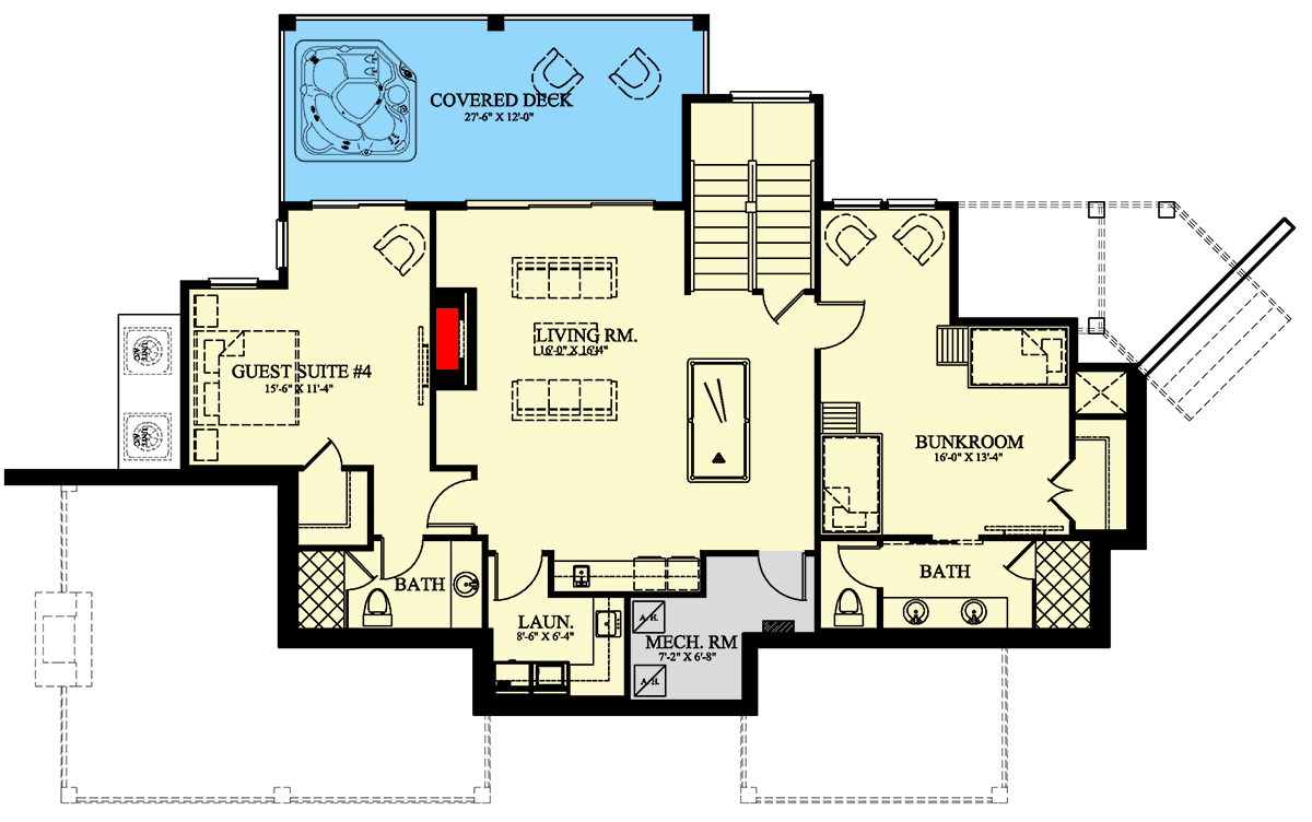 Plan 24134BG: Two-Story Contemporary Mountain House Plan with Two-Story Great Room - 3490 Sq Ft - Floor Plan - Lower Level - Contemporary, Modern, Mountain