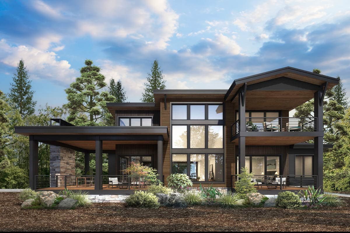 House plan exterior. Modern style, two-story home with covered porch, multiple balconies, and flat rooflines. Large windows and wood siding.