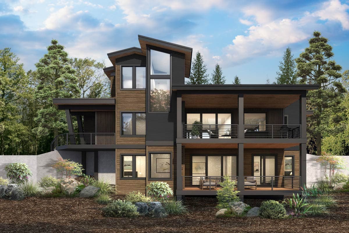 Modern house plan exterior with wood siding, dark metal panels, multiple levels, balconies, and an asymmetric roofline.