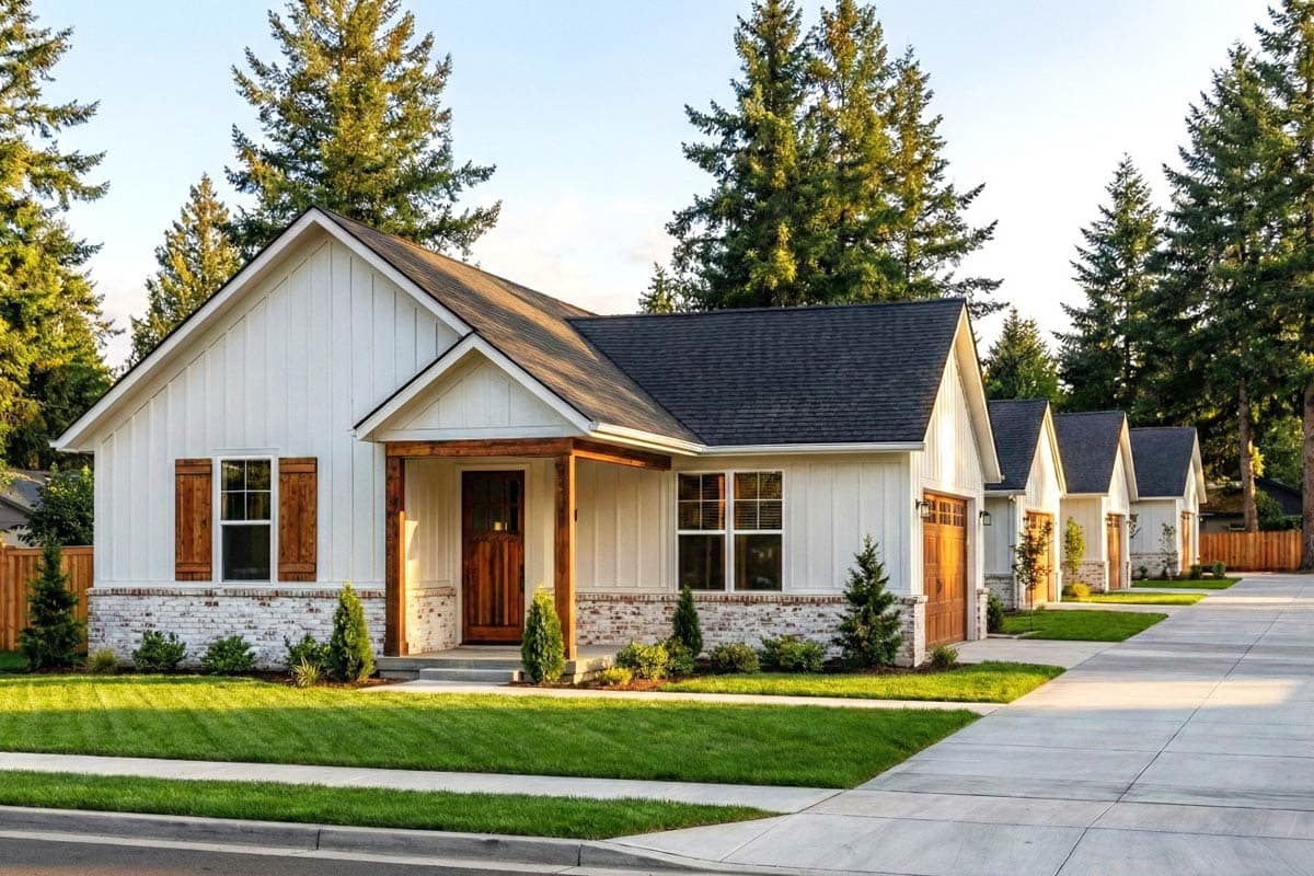 House plan exterior. Ranch style with a single story. Features include a front porch with wood columns, gabled roof, and wood-paneled shutters.