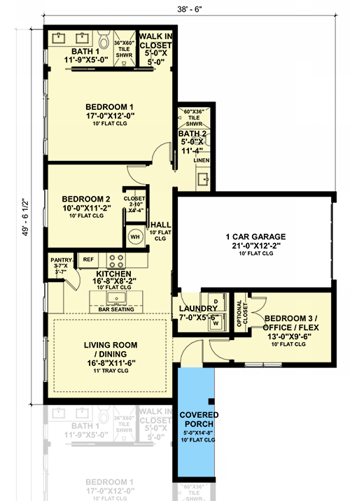 Plan 420184WNT: One-Story Fourplex House Plan With Flex Room - 1160 Per Unit - Floor Plan - Rear Unit (Identical to middle units)