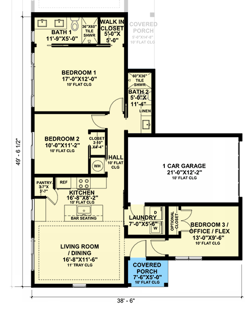 Plan 420184WNT: One-Story Fourplex House Plan With Flex Room - 1160 Per Unit - Floor Plan - Front Unit