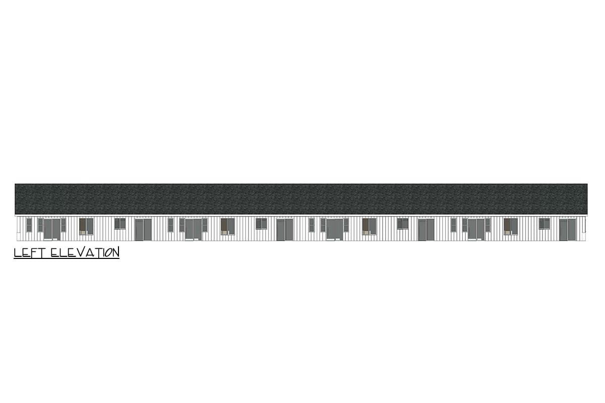Left elevation drawing of a long, single-story house plan with a dark shingled roof and numerous windows and doors.