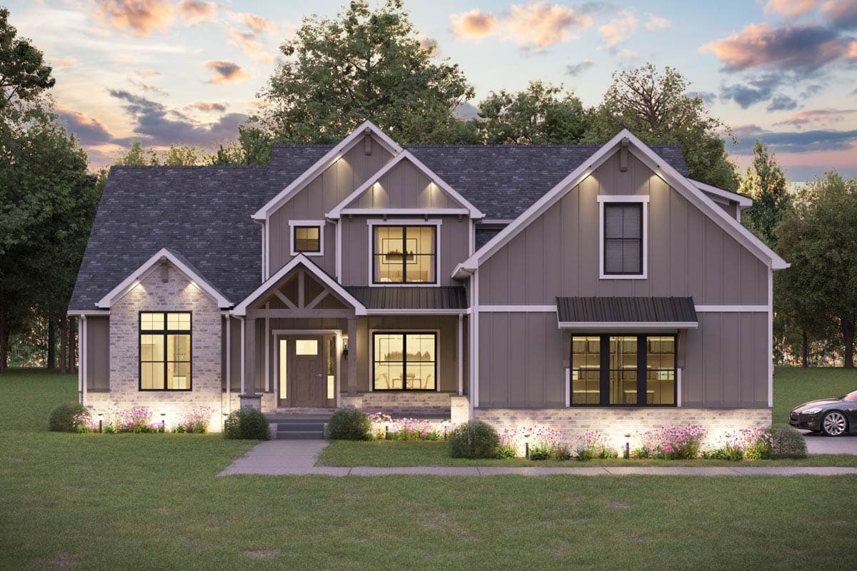 Modern Farmhouse house plan exterior with two stories, gabled roof, front porch with exposed rafters, and brick accents.