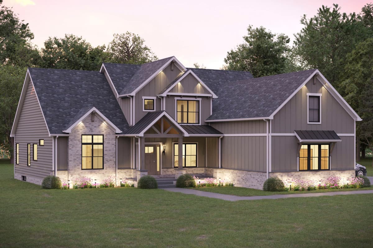Modern Farmhouse house plan exterior with gabled rooflines, stone accents, and covered entry porch with exposed beams.