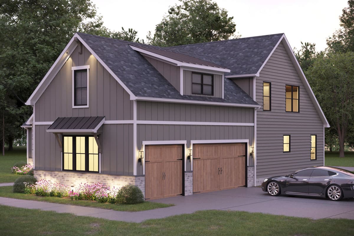 Modern Farmhouse house plan exterior, two stories, with a two-car garage, gable roof, and dormer windows.