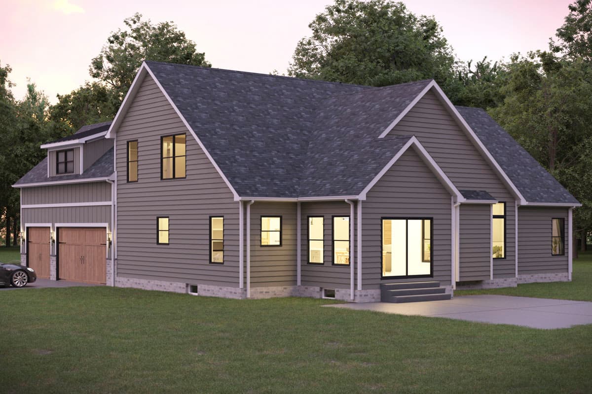 House plan exterior: Two-story home with a side-entry garage, gabled dormer, and multiple gables. Siding and stone accents.
