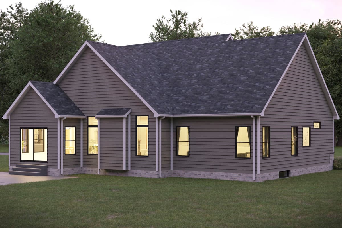 House plan exterior: single-story home with gabled roof, vinyl siding, brick foundation, and multiple windows.