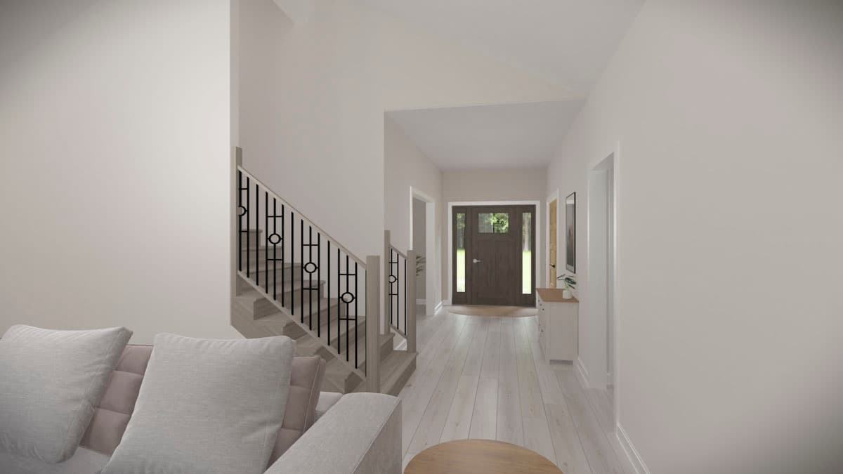 Interior rendering of a home entryway with a staircase, wood door with sidelights, and light wood flooring.