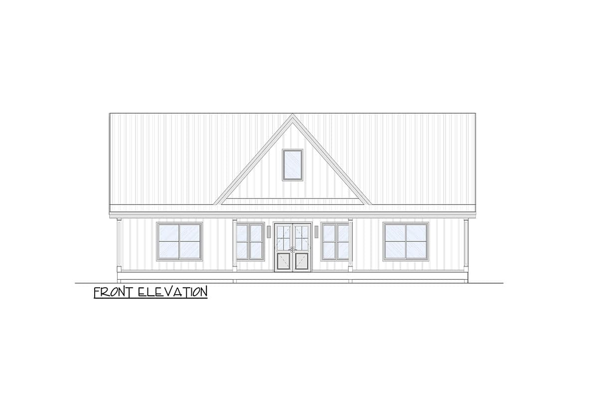 Front elevation drawing of a house with a prominent gable, double doors, four windows, and a metal roof.