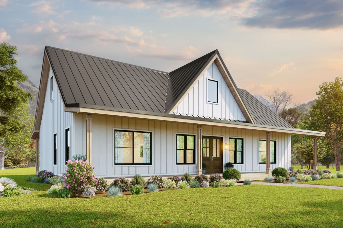 Modern Farmhouse house plan exterior with white board and batten siding, gabled roof, and covered front porch with wood columns.