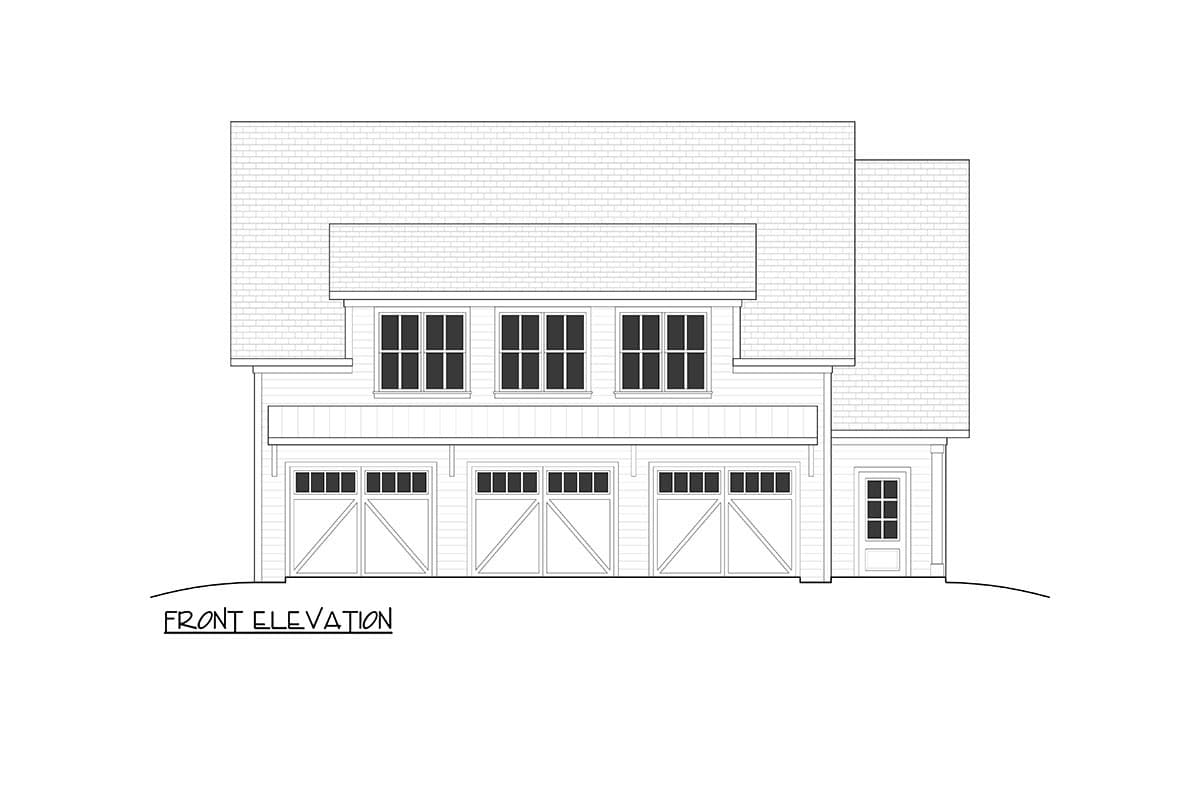 Front elevation drawing of a house with a three-car garage, large windows, and a covered overhang.