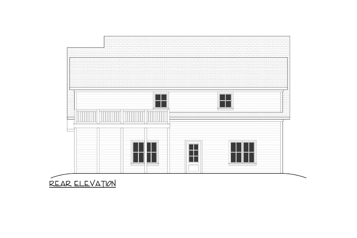 Rear elevation drawing of a two-story house plan with a balcony, door, and multiple windows.