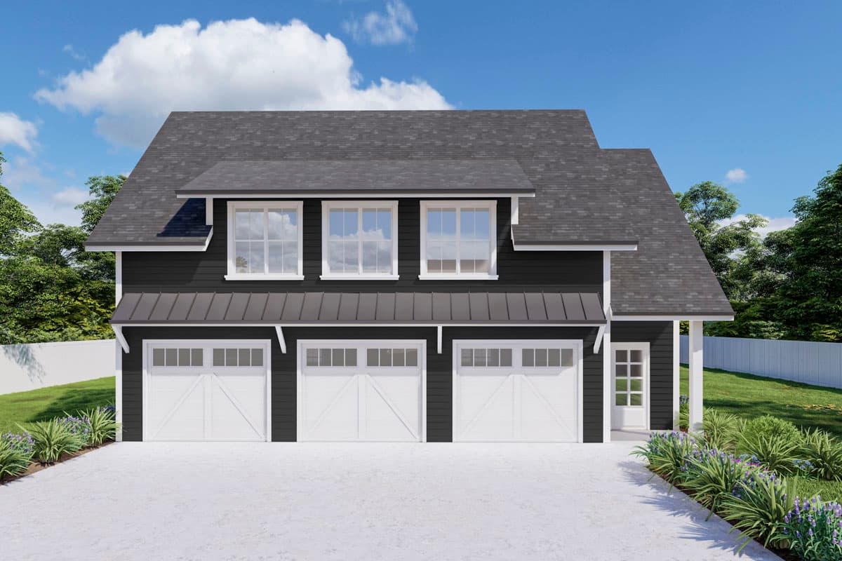 House plan exterior with black siding. Features include three-car garage, metal awning over three windows, and a side porch.