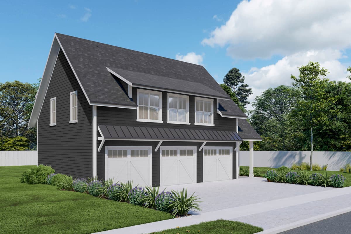 House plan exterior, Modern Farmhouse style, two stories, three-car garage, gable roof, dormers.