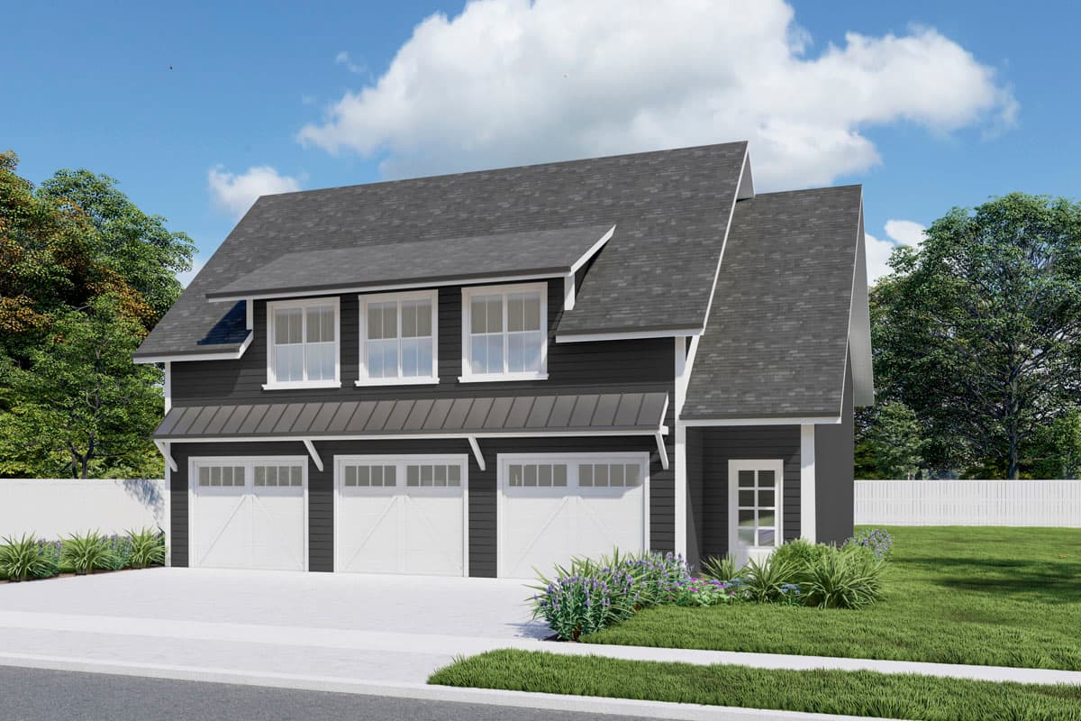 Modern Farmhouse house plan exterior with three garage bays, a dormer, and multiple rooflines.