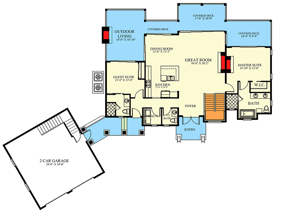 Plan 24135BG: 4 Bed Contemporary Mountain House Plan with Studio Above Garage - 3397 Sq Ft - Floor Plan - Main Level - Contemporary, Modern, Mountain