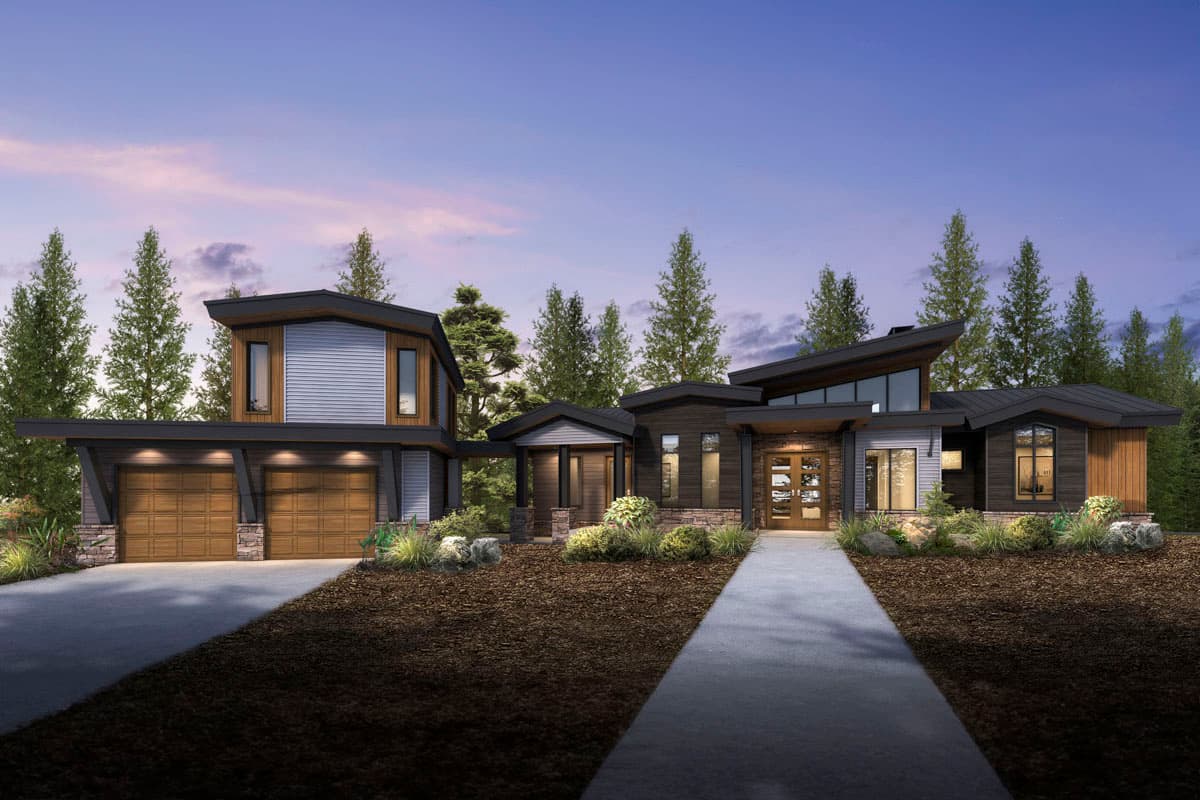 House plan exterior with modern design. Features include a two-car garage, multiple rooflines, and mixed siding materials.