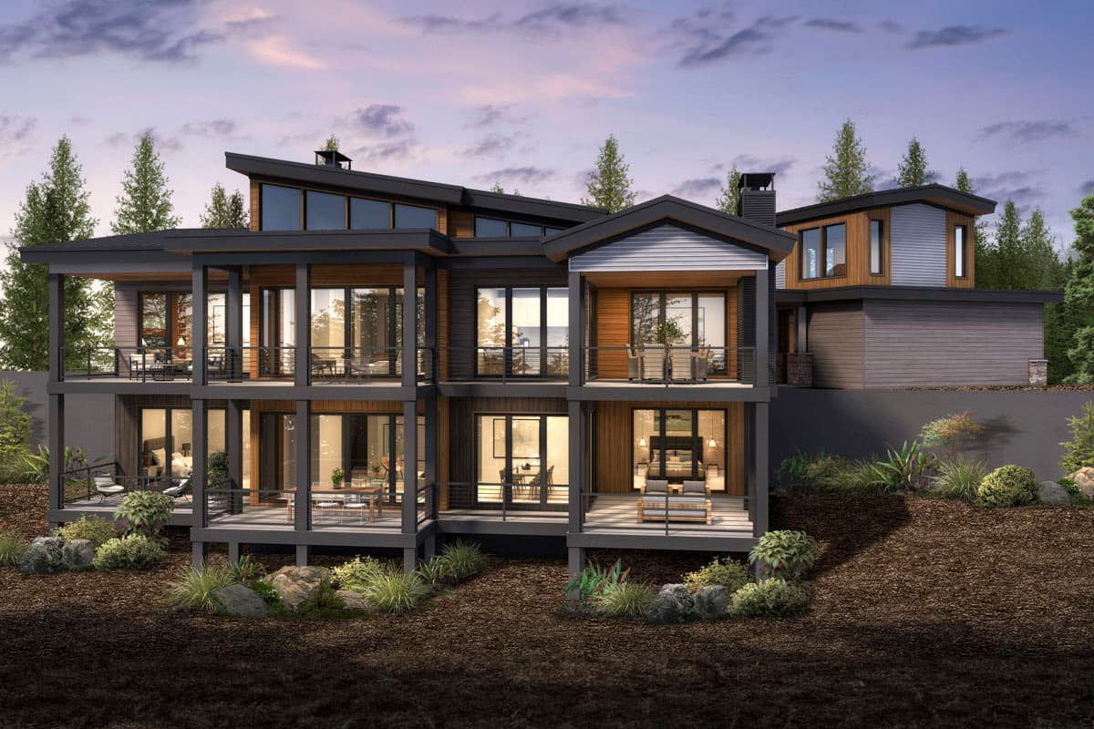 Modern house plan exterior, three stories, angled rooflines, extensive glazing, and multiple balconies.