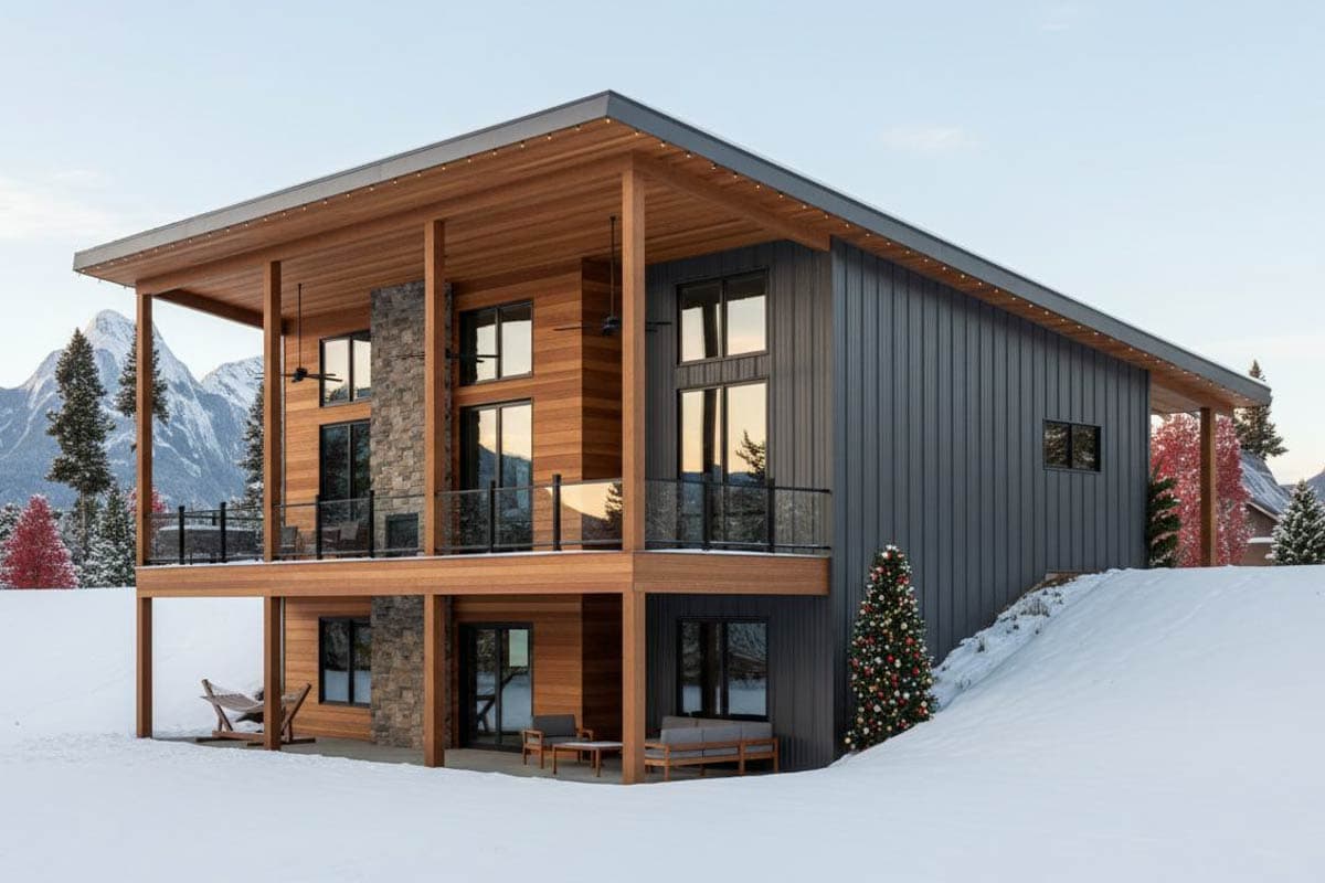 A modern two-story home with wood and gray siding is set in a snowy landscape, with a Christmas tree and mountain backdrop.