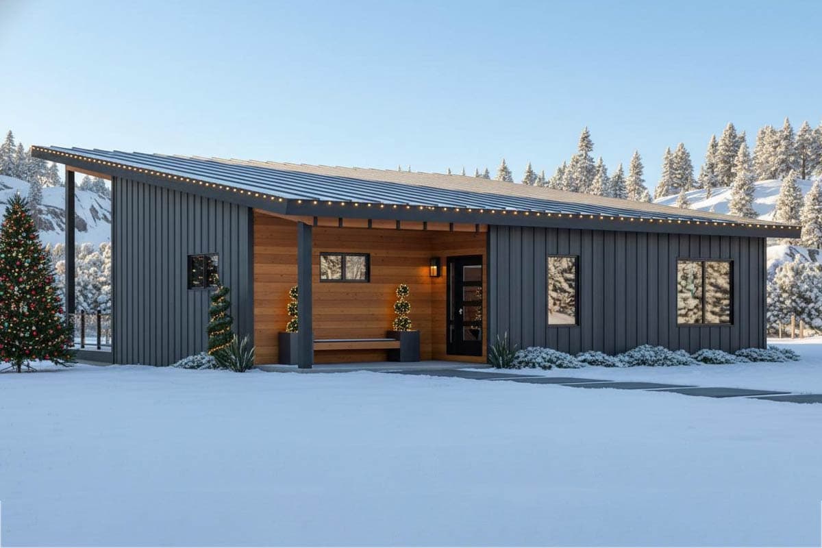 A modern cabin with a dark gray exterior and a wooden porch sits in a snowy landscape. Christmas lights decorate the roofline and a tree.