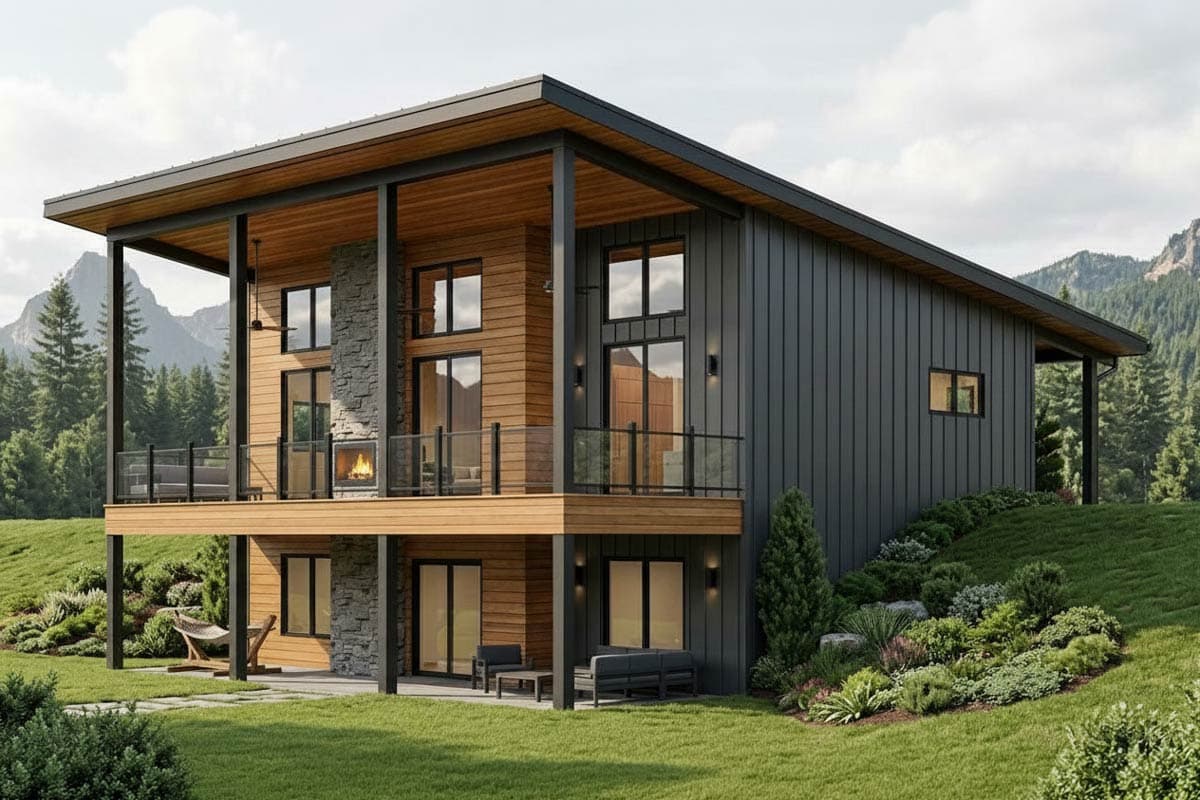 A modern, two-story house with wood siding and a stone fireplace. A balcony with glass railings overlooks a grassy yard. Trees in background.