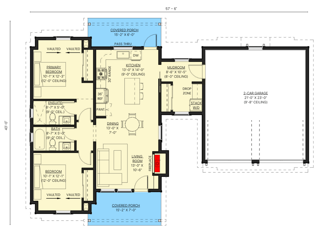 Plan 330025WLE: 2-Bed Shingle Cottage with Front Load Garage - 998 Sq Ft - Floor Plan - Main Level - Coastal, Cottage, Shingle, Vacation