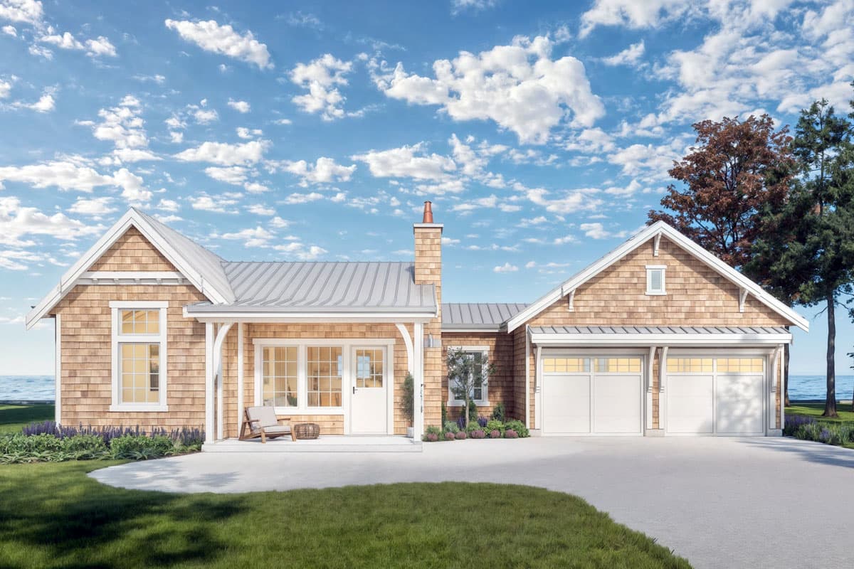 House plan exterior. Craftsman style, single story home with gabled roof, covered porch, and attached two-car garage.