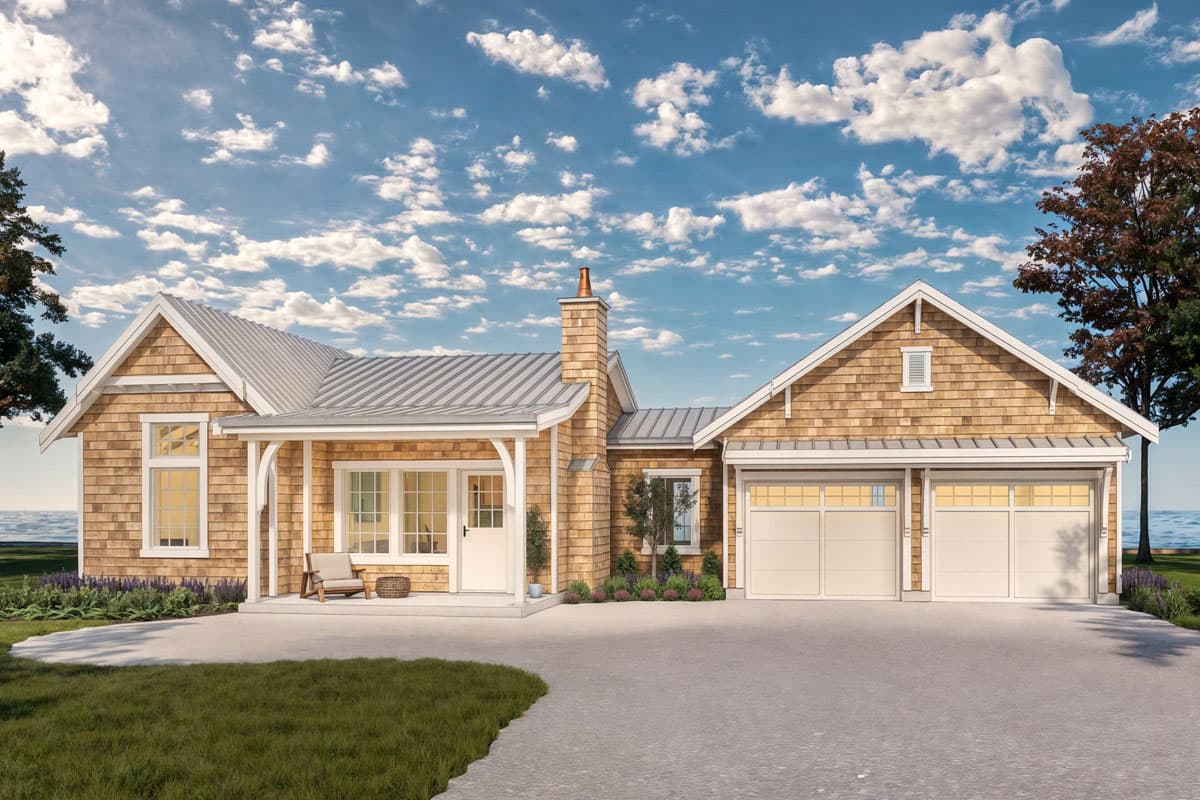 House plan exterior: Craftsman style, one story, shingle siding, metal roof, gabled dormer, porch, and a two-car garage.