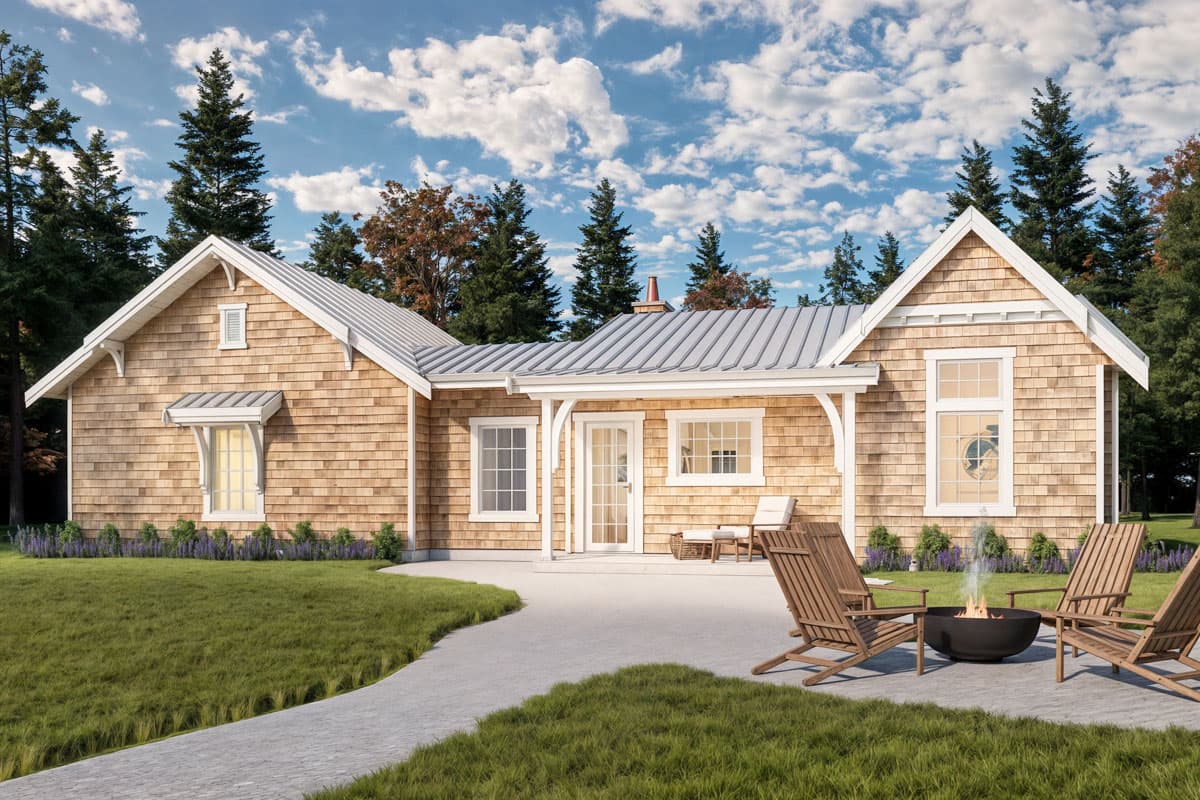 House plan exterior: Single-story Modern Farmhouse with wood shake siding, metal roof, gable dormers, and a covered entry porch.