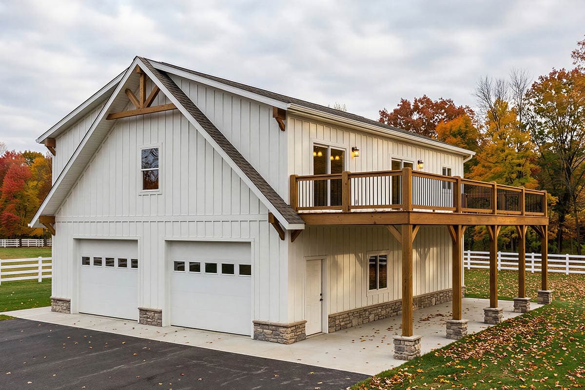 A two-story white barn-style building with a deck overlooking a yard with autumn foliage. The structure has two garage doors and a stone base.
