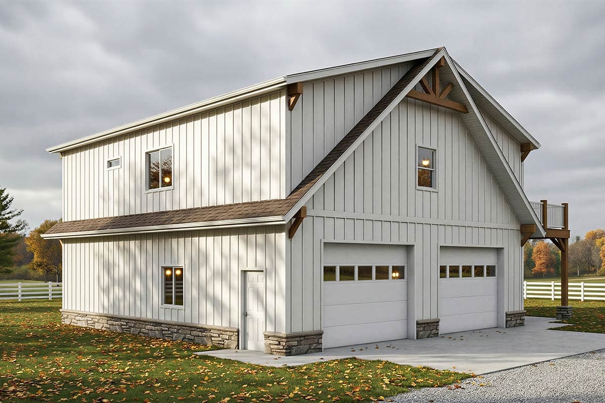 Modern farmhouse style house plan exterior with two garage bays, vertical siding, gable roof, and a second-story balcony.