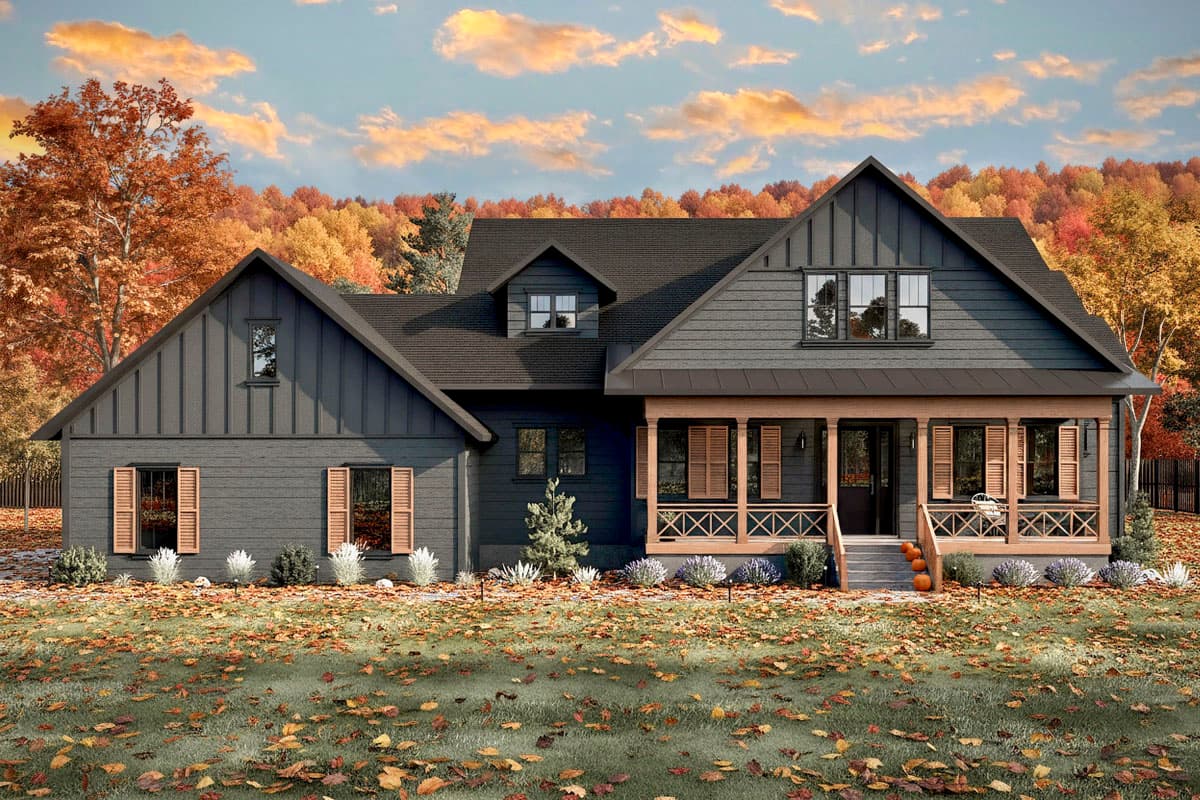 House plan exterior. Two-story Modern Farmhouse with gabled roof, covered porch with wood supports, and symmetrical window placement.