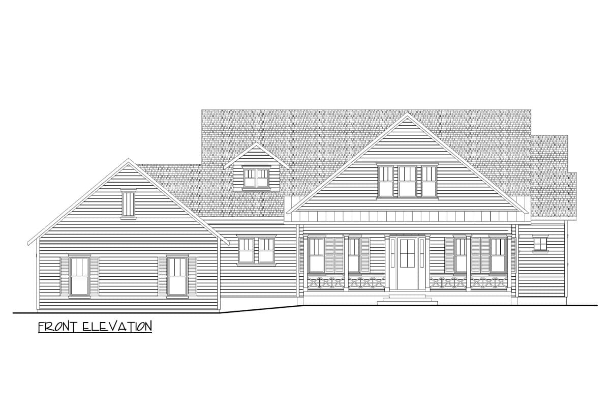 Front elevation drawing of a two-story house with a gabled roof, dormers, and a covered front porch.