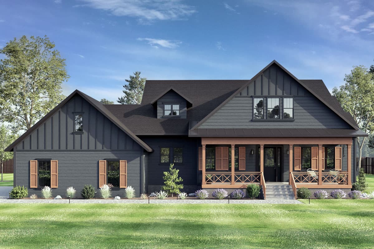 House plan exterior of a two-story Modern Farmhouse with a wide covered porch, gables, board-and-batten siding, and shutters.