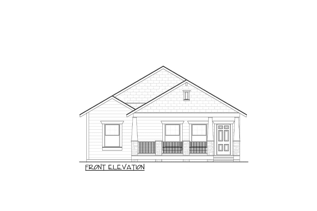 Front elevation drawing of a single-story house with a prominent porch, gabled roof, and double-door entry.