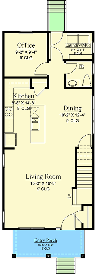 Plan 500086VV: Two-Story Narrow Lot House Plan with Home Office - 1685 Sq Ft - Floor Plan - Main Level - Country, Traditional