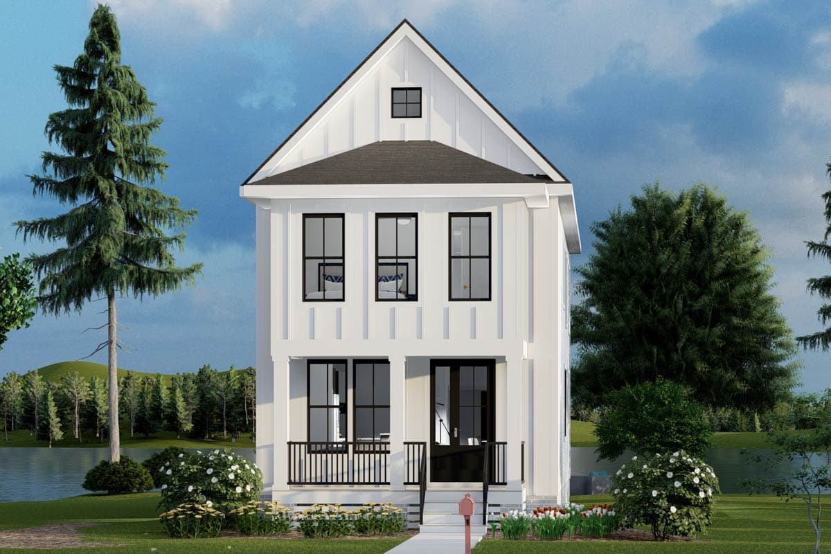 Modern Farmhouse house plan exterior with two stories, gabled roof, small front porch, and black-framed windows.