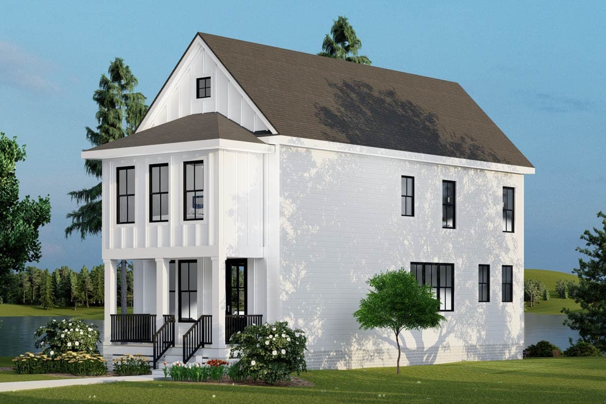 Modern Farmhouse house plan exterior: two stories, white board-and-batten siding, prominent gables, and covered front porch.