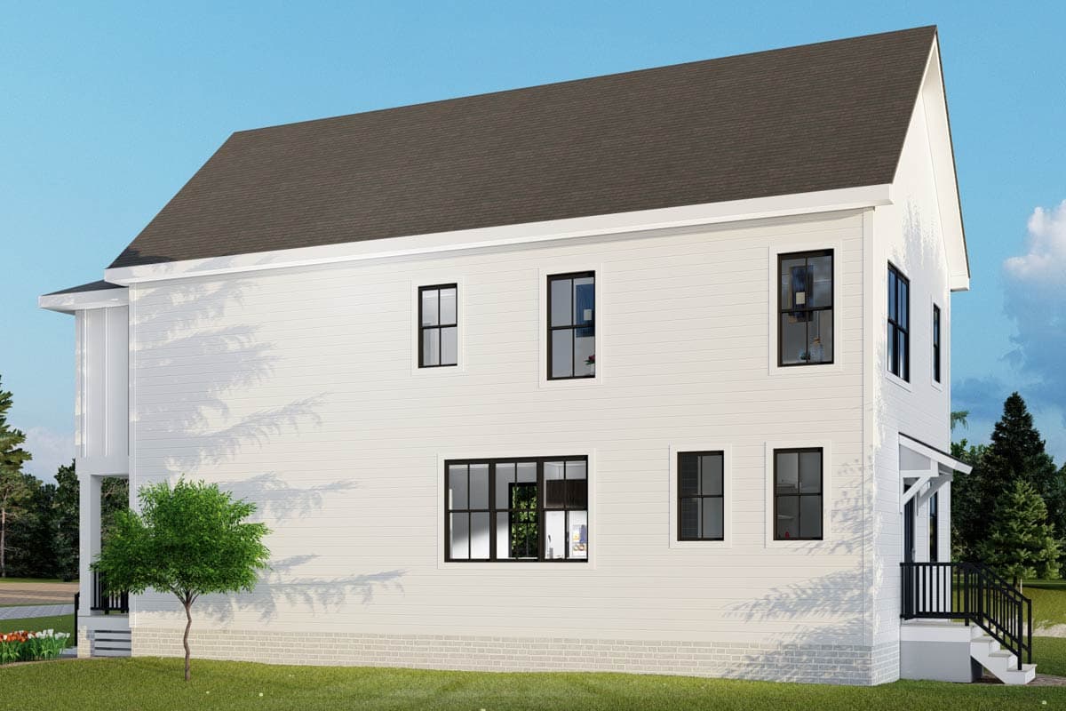 Modern farmhouse house plan exterior, two stories, with white horizontal siding, dark-framed windows, and a covered porch.