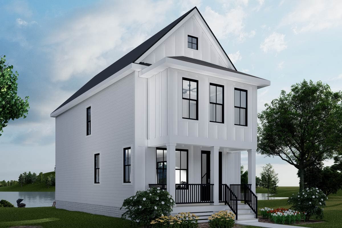 Two-story modern farmhouse house plan exterior with a prominent gable, board and batten siding, and a covered front porch.