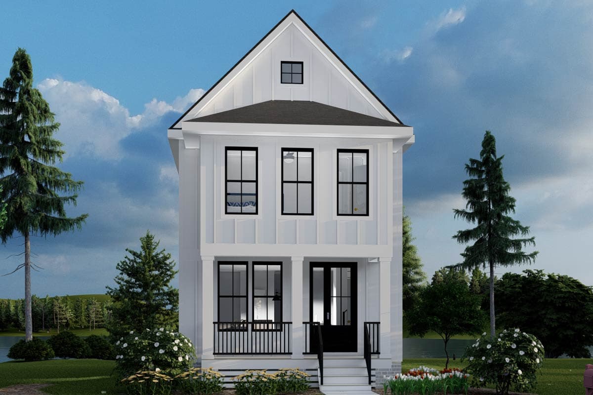 House plan exterior: two-story Modern Farmhouse with gabled roof, dormer, and front porch.
