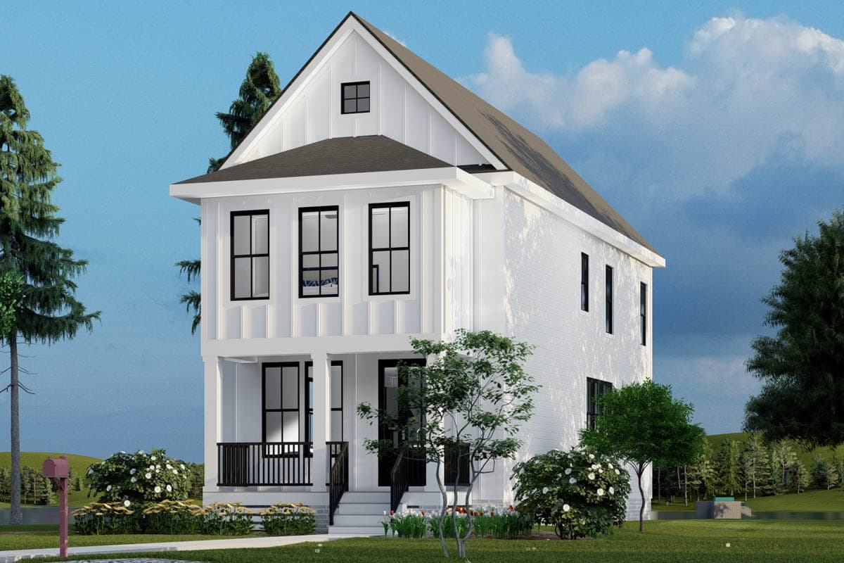 House plan exterior: Modern farmhouse style, two stories, prominent gables, front porch with black railings, and board and batten siding.