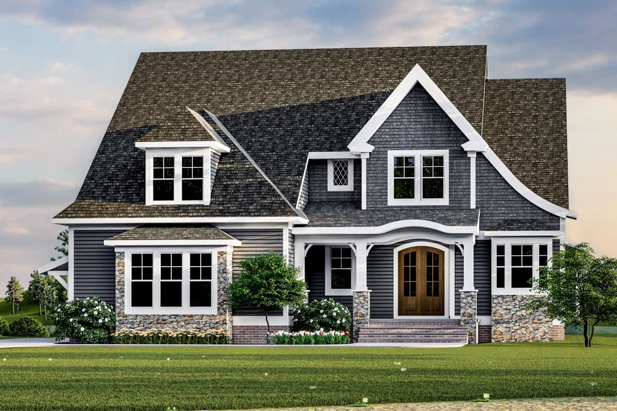 House plan exterior with two stories. Features include a gabled roof, stone accents, and a covered front porch with columns and a curved roofline.