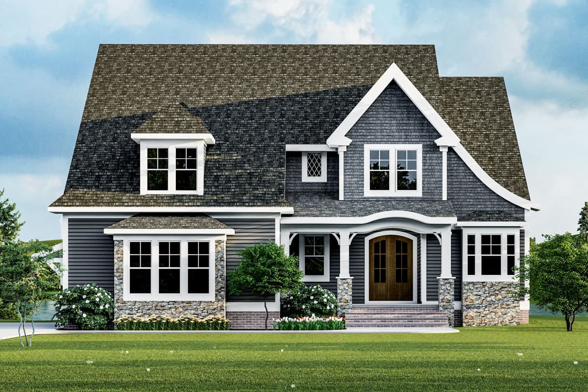 House plan exterior with stone and shingle siding, dormer window, and arched entryway with double doors.